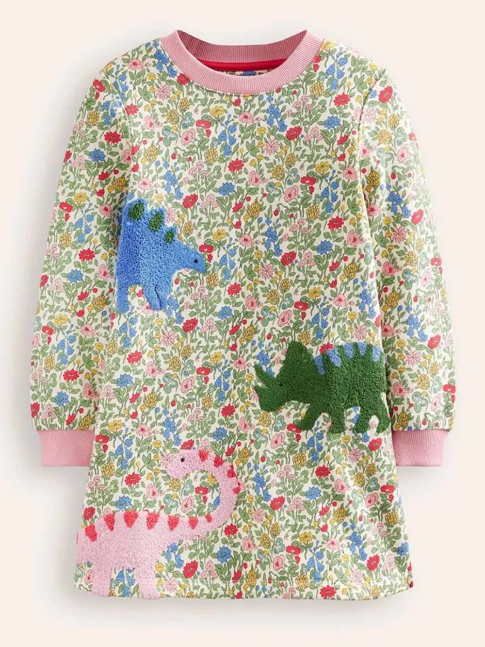 Mini Boden Sweatshirt Appliqué
Dress, Multi Meadow Floral Dinosaurs
